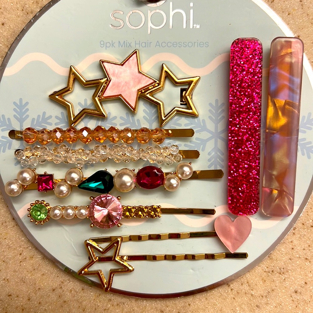 9 piece Barrette Hair Clip Bobbie Pin Set Sparkly Glitter Beads Rhinestone Pearl